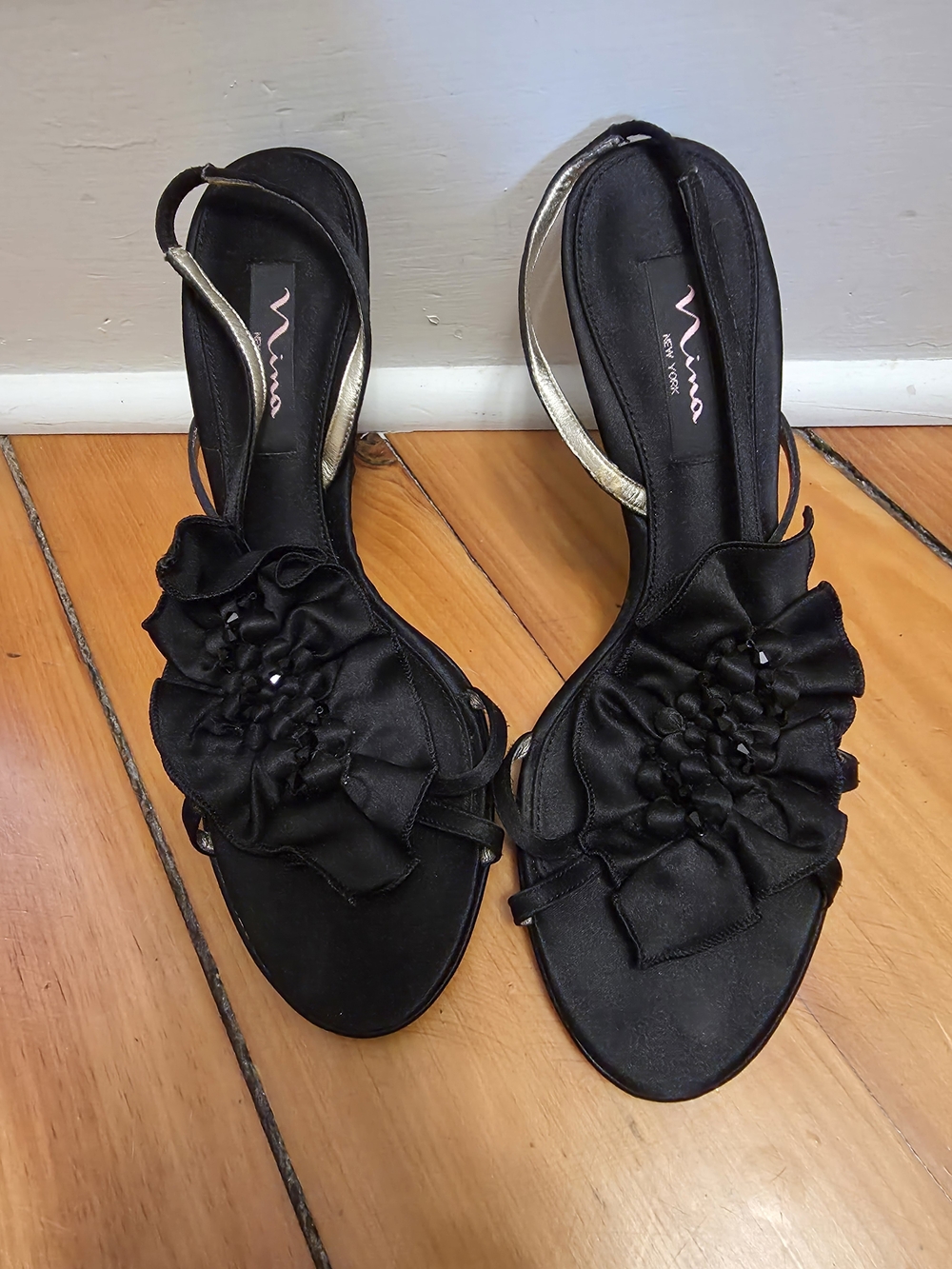 Nina Black Satin Floral Ruffle Slingback Heels